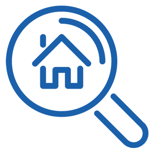 A blue magnifying glass icon with the outline of a house inside the lens, symbolizing property search or real estate investigation.