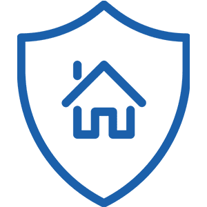 A blue shield icon with the outline of a house inside it, symbolizing home protection or security.
