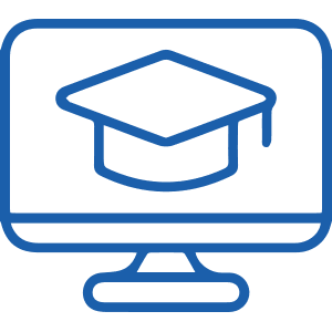 A blue line drawing of a computer monitor displaying a graduation cap, symbolizing online education.