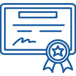 Certificate icon outlined in blue, featuring a rectangular document with illegible text lines and a seal on the bottom right corner displaying a star in the center.