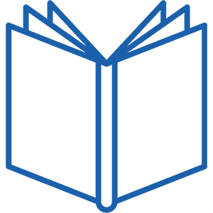 Icon of an open book outlined in blue against a white background.