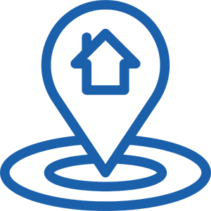 Blue icon depicting a map pin with a house symbol inside, placed over a series of concentric circles.